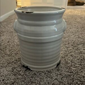 White Ribbed Ceramic Vase with Hourglass Shape